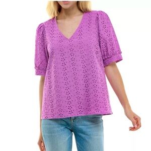 Draper James Purple Eyelet V-Neck Puff Sleeve Top
